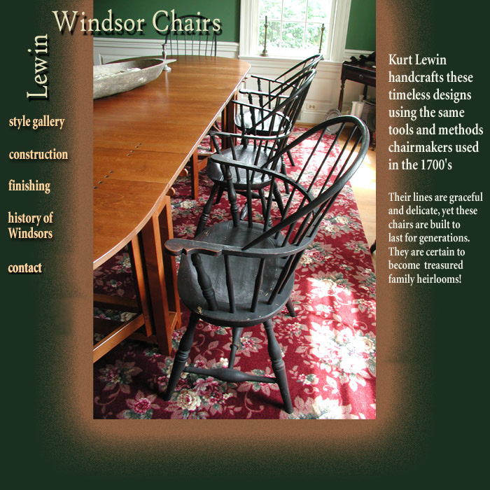 Image shows Lewin Windsor Chairs and has links to gallery,
construction, finishing,history, calendar, and contact pages.